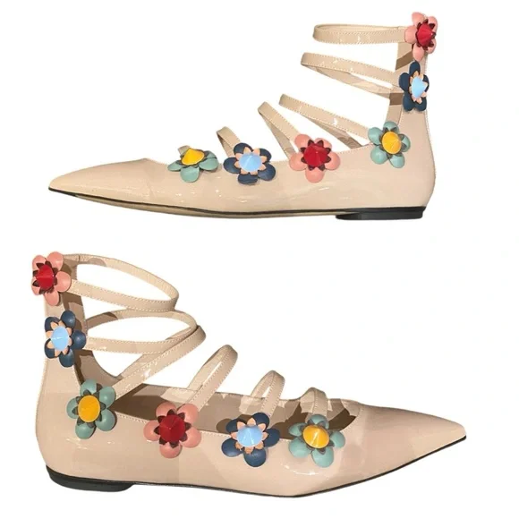Fendi Flowerland Patent Leather Floral Trim Pointed Toe Ankle Cage Ballet Flats - Picture 5 of 6